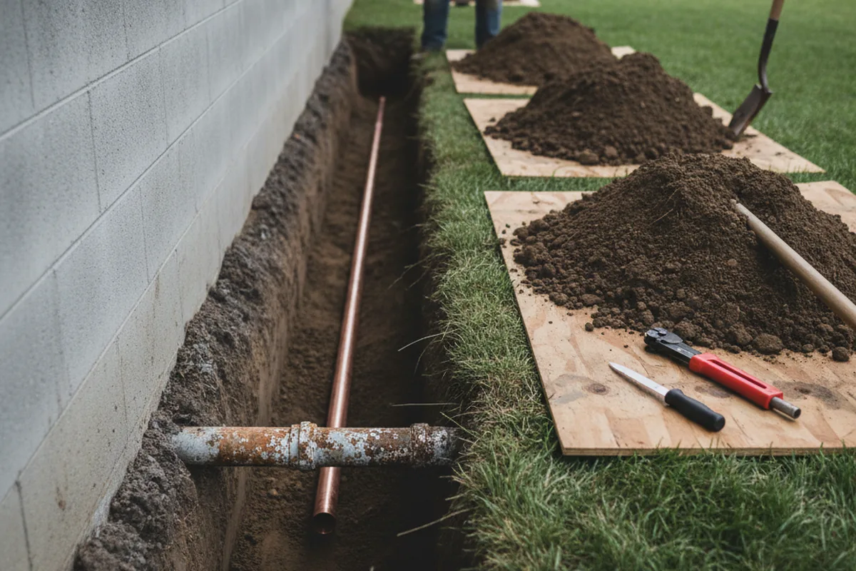 Excavated water line trench during Water Softener Installation in El Cerrito